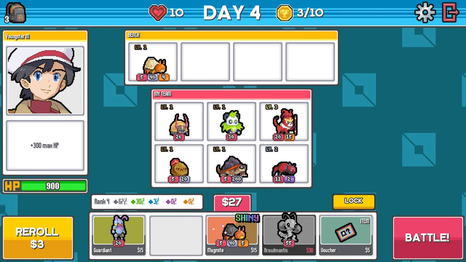 Batomon Showdown day 4 shop screen with a level 2 team, 10 lives and 3 of 10 wins
