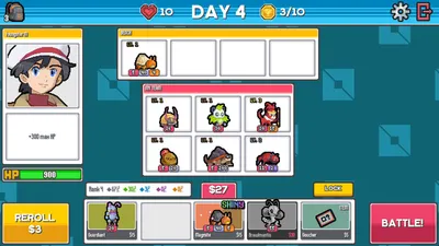 Batomon Showdown day 4 shop screen with a level 2 team, 10 lives and 3 of 10 wins