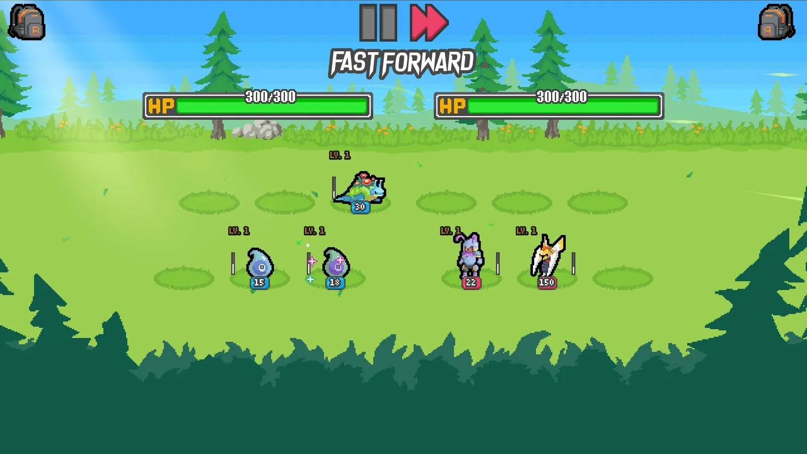 Batomon Showdown snow field battle with both teams at 300 HP and a fast forward control