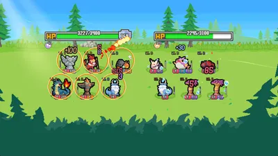 Batomon Showdown late-game battle with stacked shields and fire and lightning effects on a green field