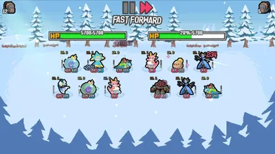 Batomon Showdown snow field battle with both sides at roughly 750 team HP and eight Batomon each