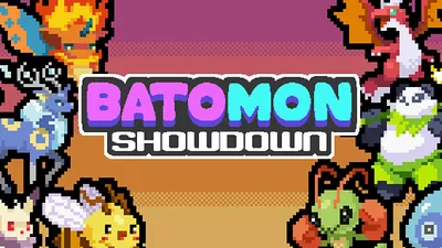 Batomon Showdown mobile announcement banner with a row of pixel creatures beside the game logo