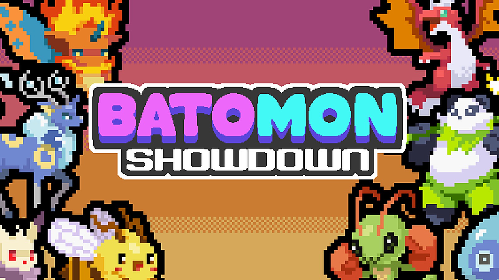 Batomon Showdown mobile announcement banner with a row of pixel creatures